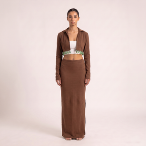 BLANC Sienna Set brown cropped jacket and maxi skirt – front view