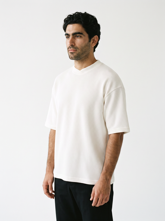 BLANC Relaxed Oversized Tee White worn by model on white studio background