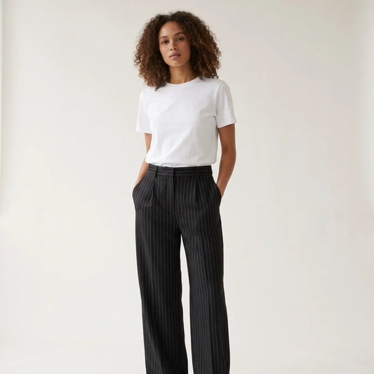 BLANC Unisex Pinstripe Tailored Pants Black — model