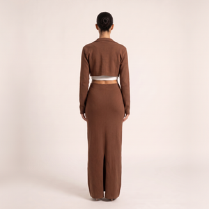 BLANC Sienna Set brown cropped jacket and maxi skirt – back view