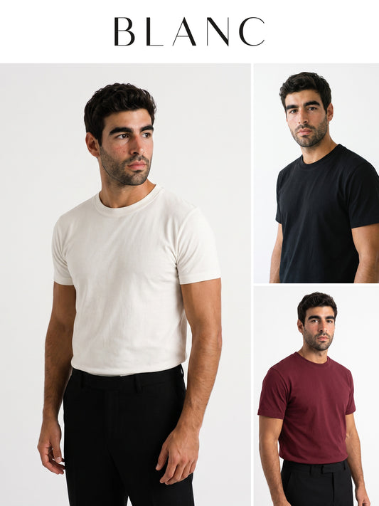 BLANC Unisex T-Shirt Bundle - white, black and burgundy on male model