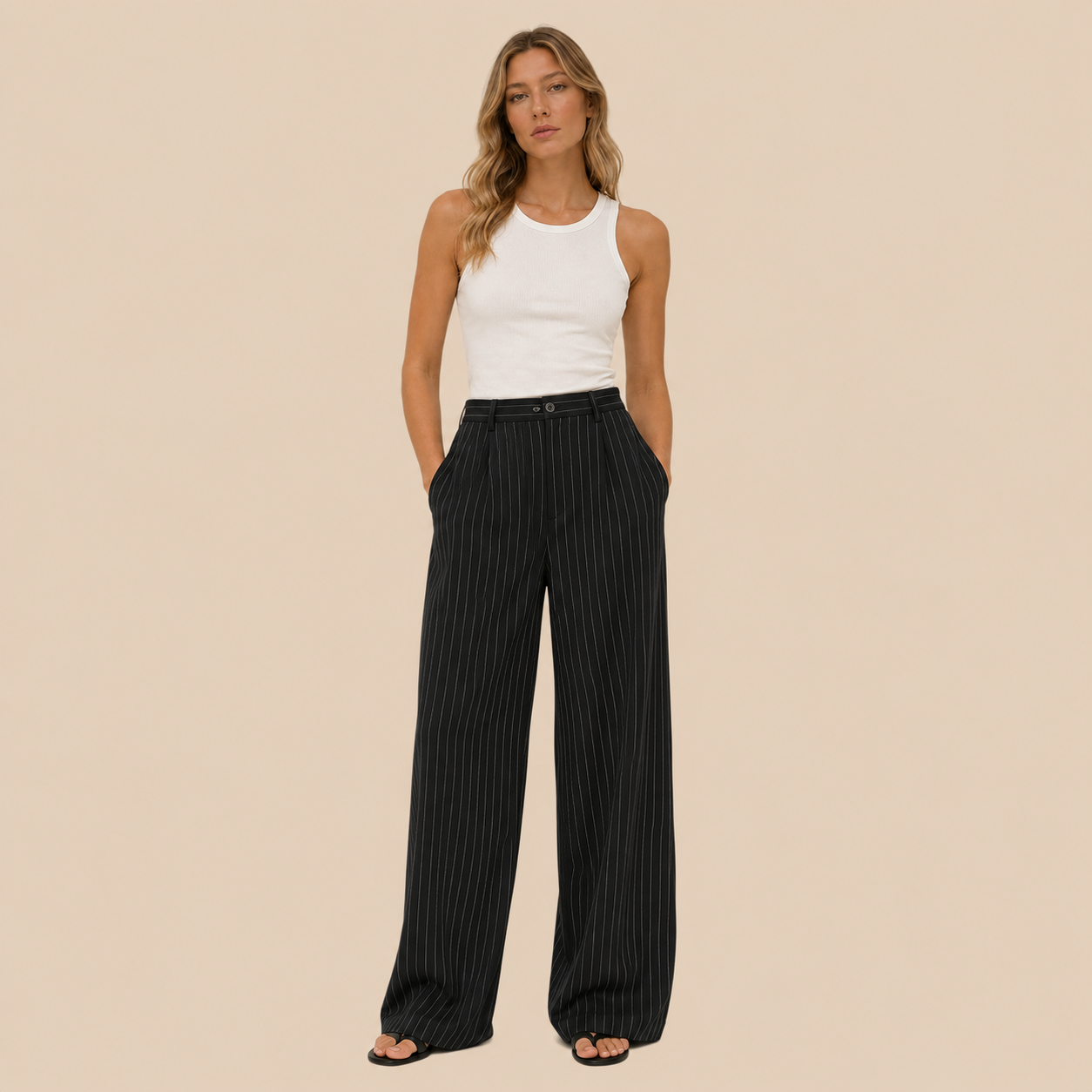 BLANC Women's Pinstripe Tailored Pants — Black