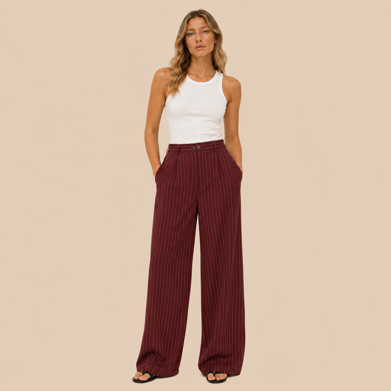 BLANC Women's Pinstripe Tailored Pants — Burgundy