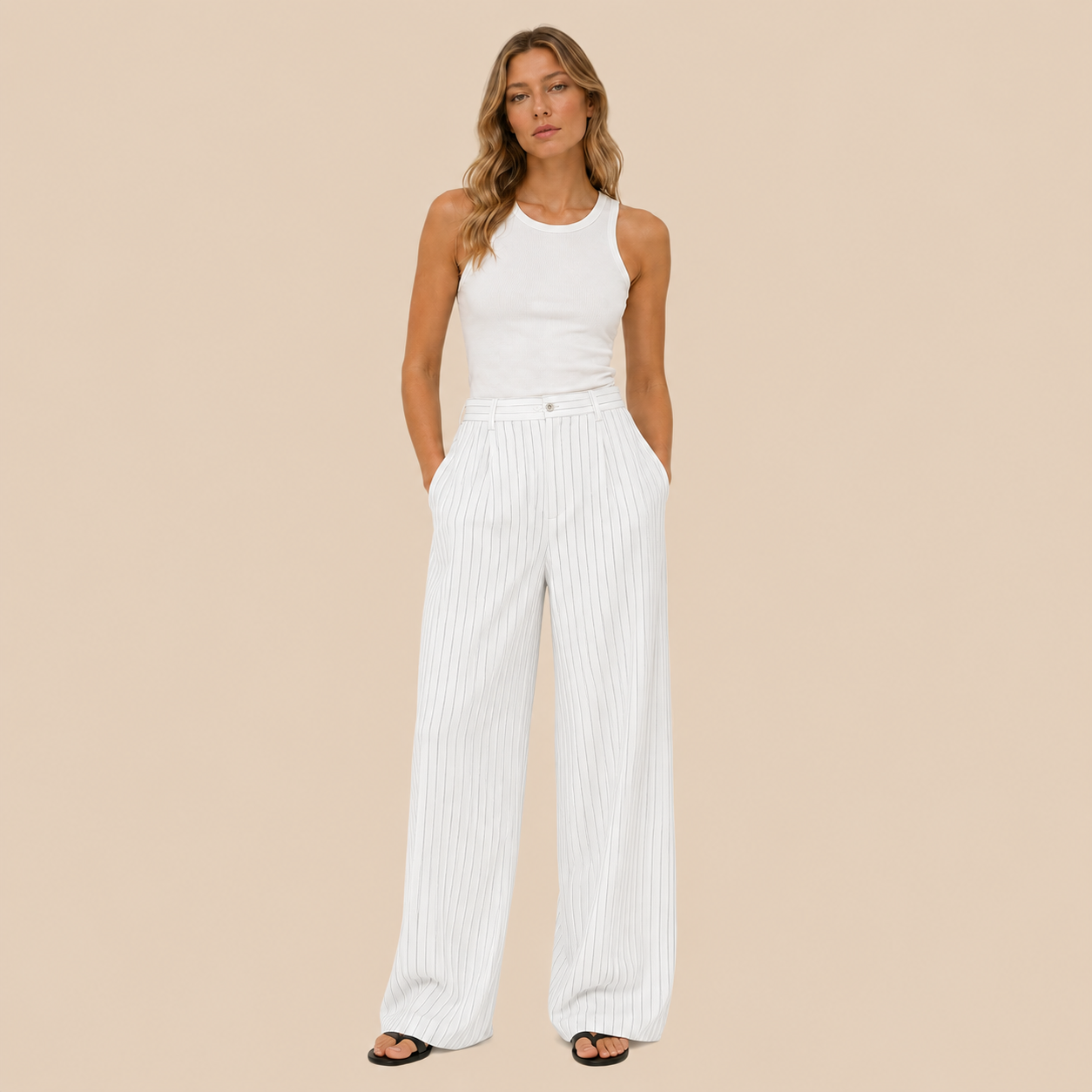 BLANC Women's Pinstripe Tailored Pants — White