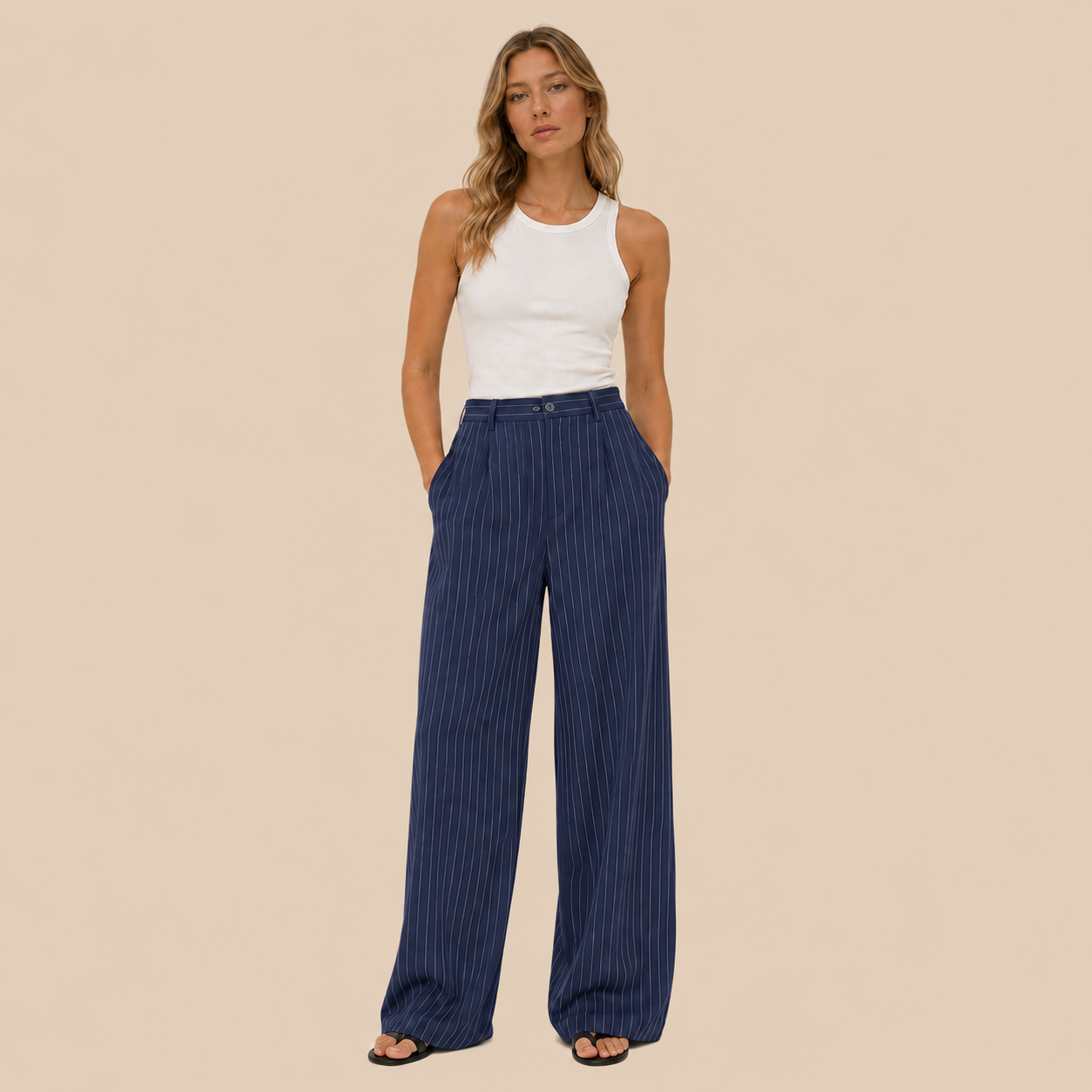 BLANC Women's Pinstripe Tailored Pants — Navy Blue