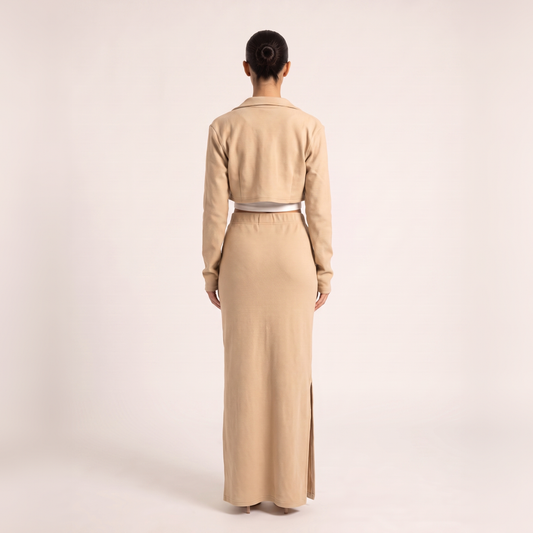 BLANC Dune Set beige cropped jacket and maxi skirt – back view