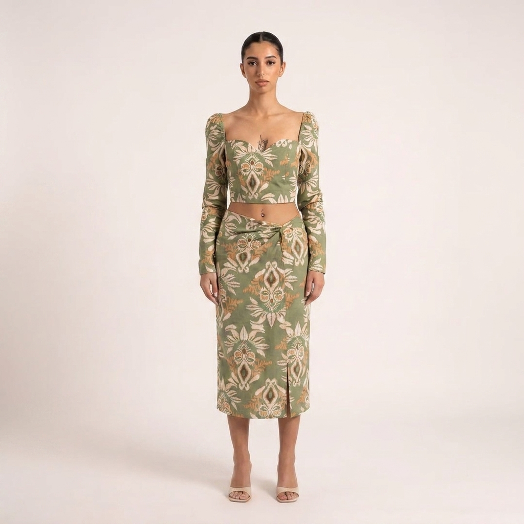 BLANC Laurel Set olive printed two-piece – full length
