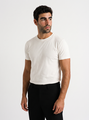 BLANC Unisex Basic Tee Off White worn by model on white studio background