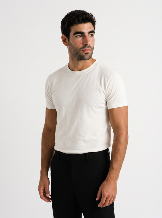 BLANC Unisex Basic Tee Off White worn by model on white studio background