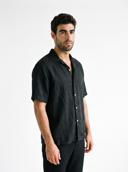 BLANC Linen Shirt Black worn by model on white studio background