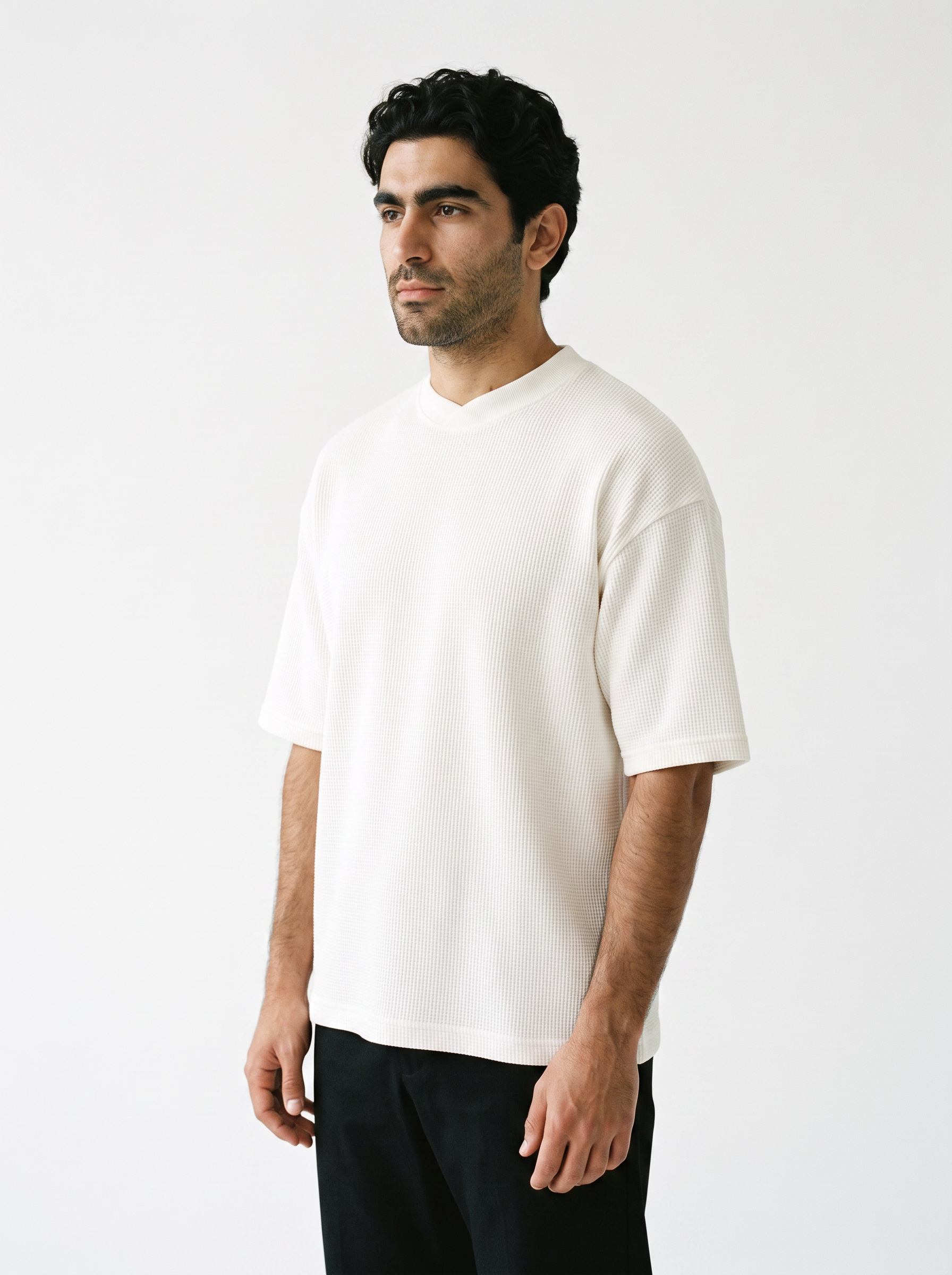 BLANC Relaxed Oversized Tee White worn by model on white studio background