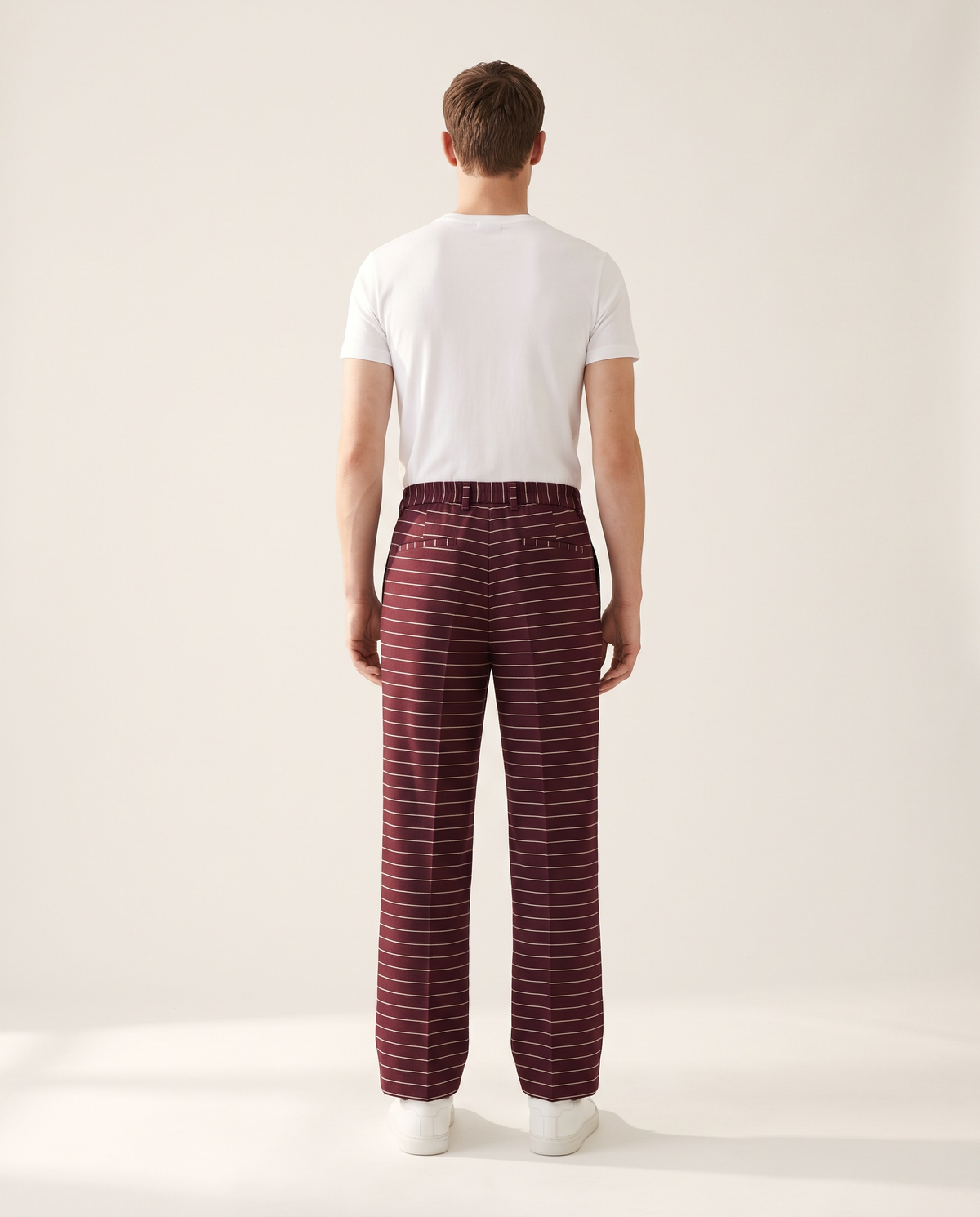 BLANC Horizontal Pinstripe Pants Burgundy - on model, back