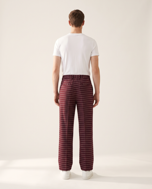 BLANC Horizontal Pinstripe Pants Burgundy - on model, back