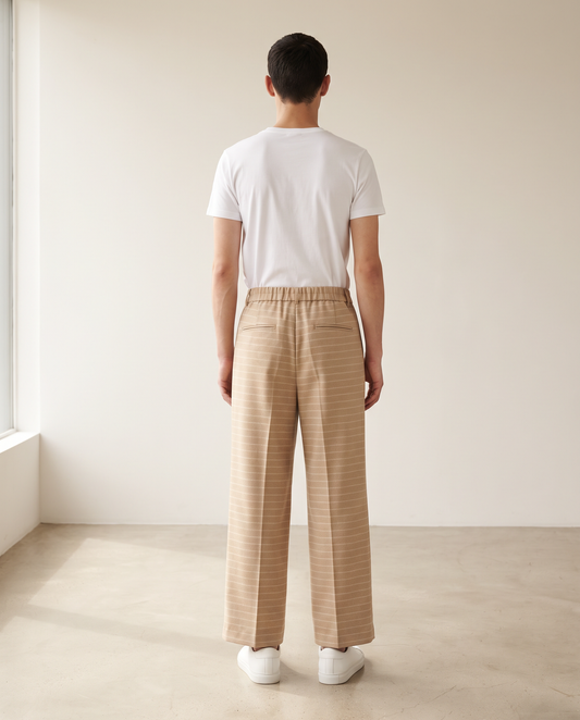 BLANC Horizontal Pinstripe Pants Beige - on model, back
