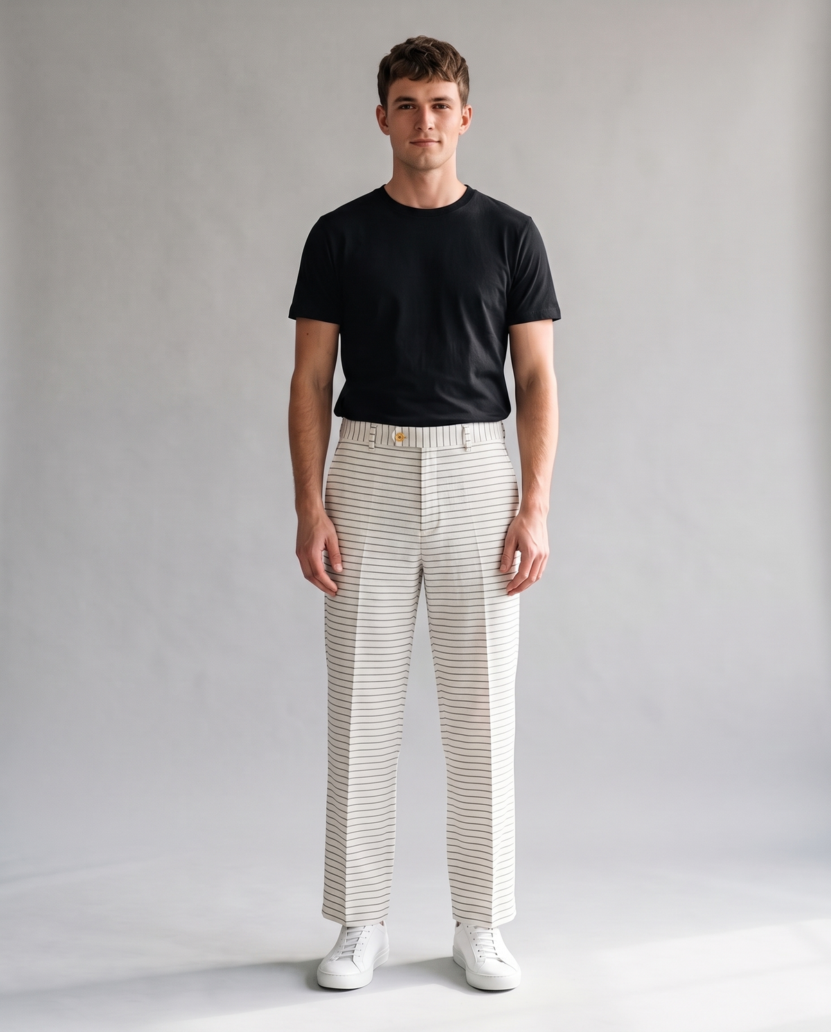 BLANC Horizontal Pinstripe Pants White - on model, front