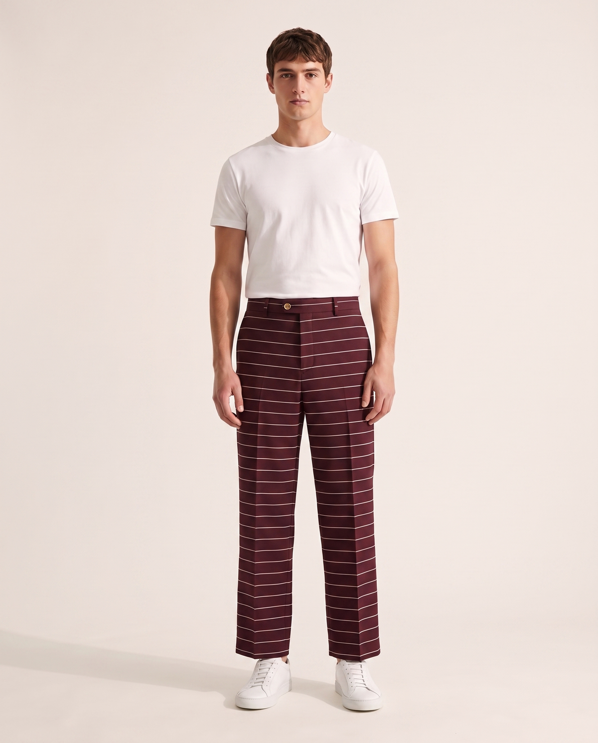 BLANC Horizontal Pinstripe Pants Burgundy - on model, front