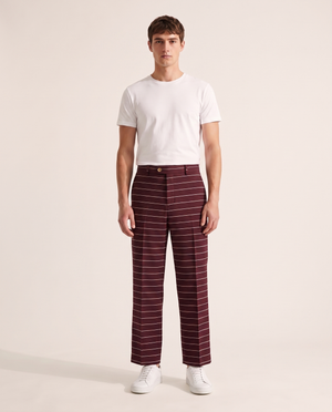 BLANC Horizontal Pinstripe Pants Burgundy - on model, front