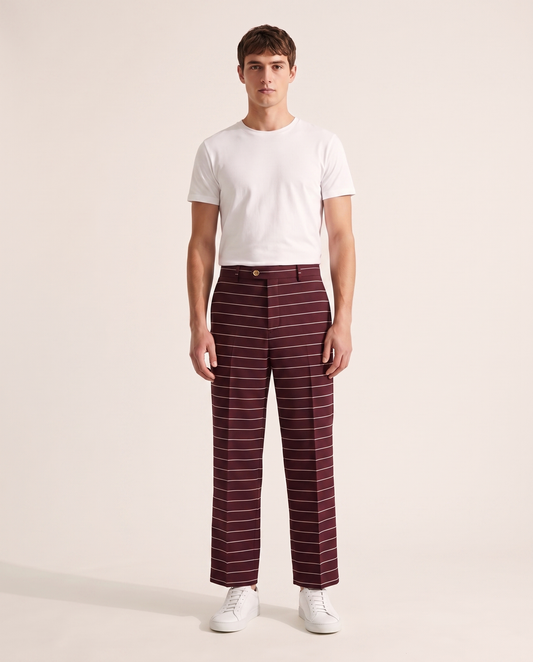 BLANC Horizontal Pinstripe Pants Burgundy - on model, front