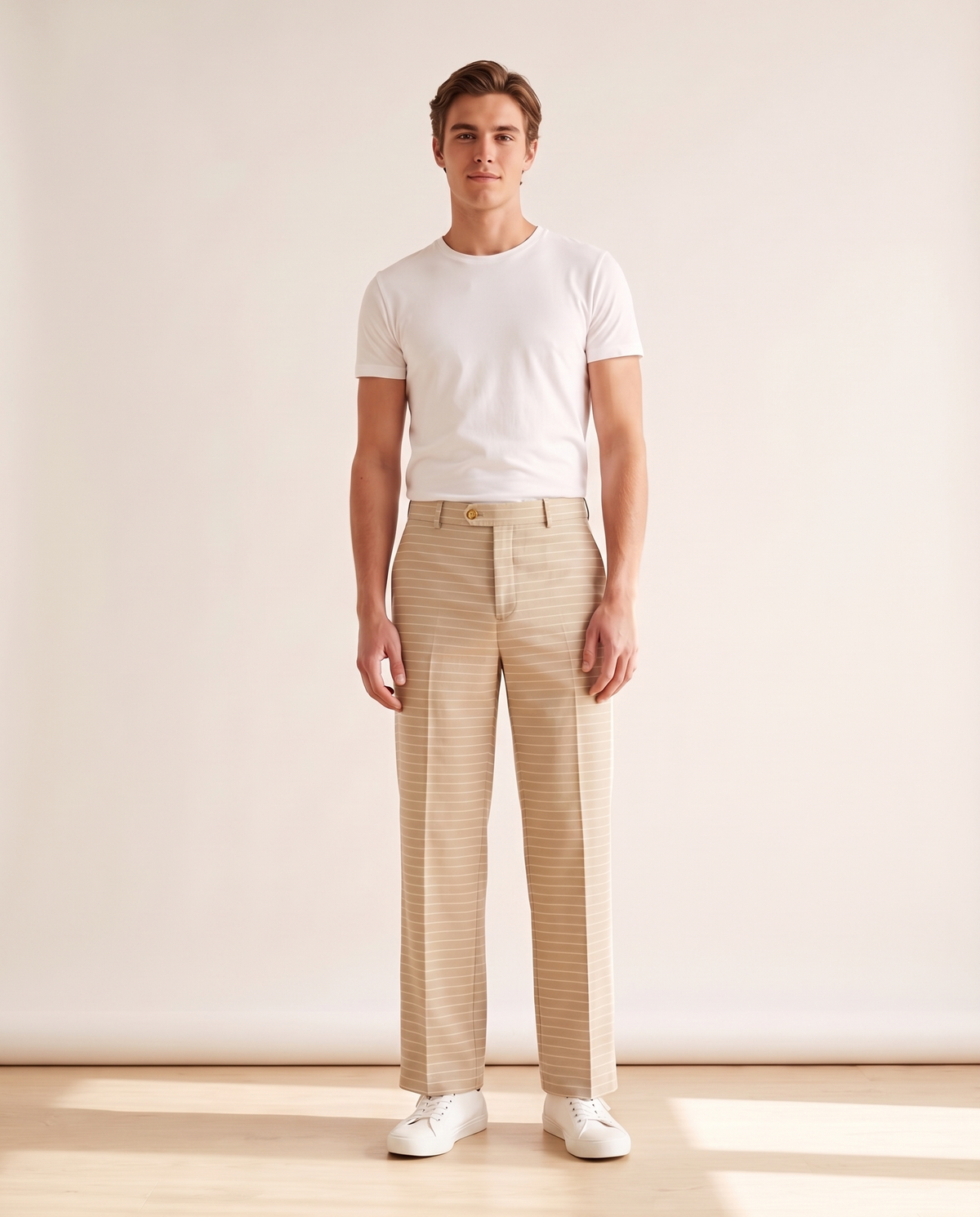 BLANC Horizontal Pinstripe Pants Beige - on model, front