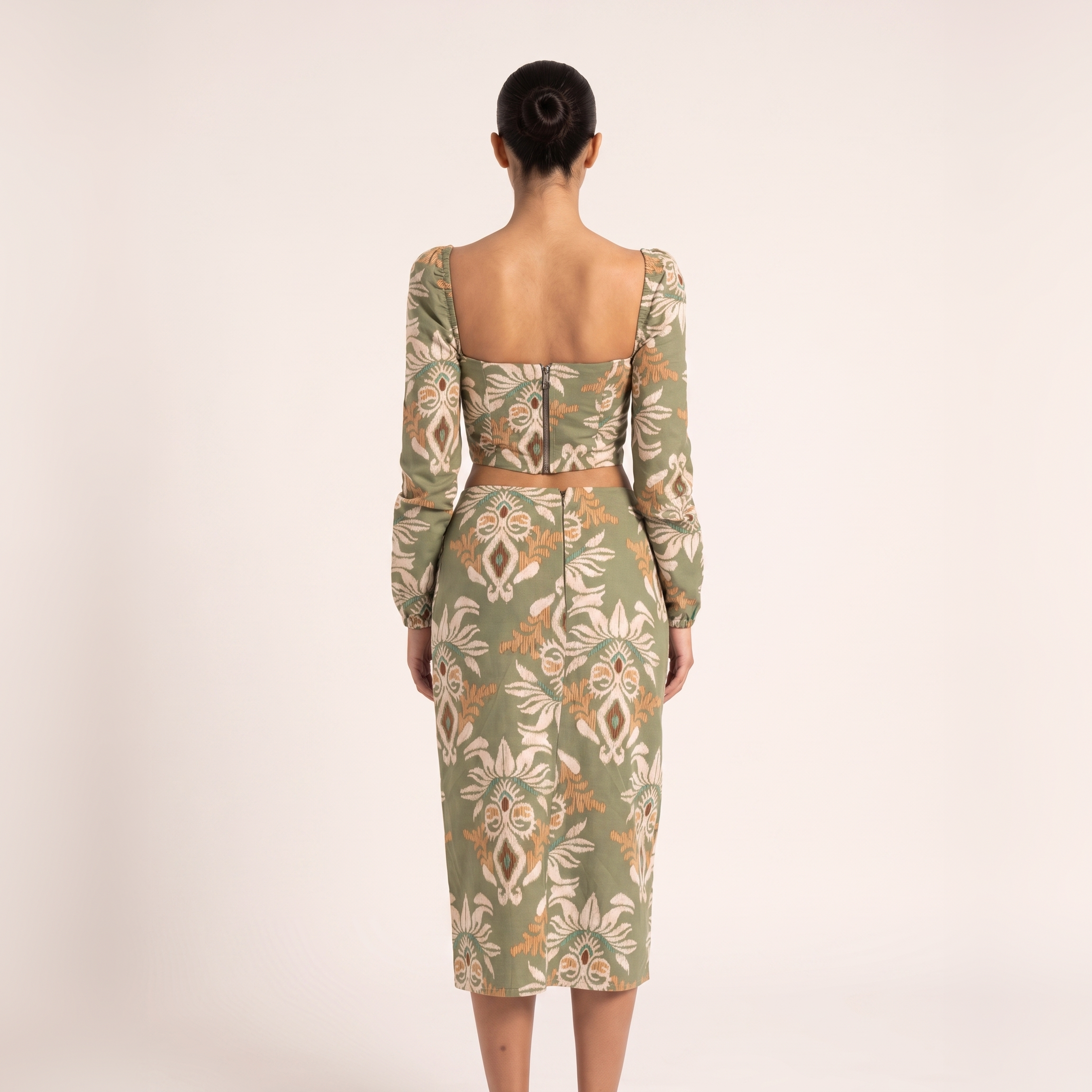 BLANC Laurel Set olive printed crop top and midi skirt – back view