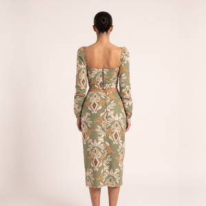 BLANC Laurel Set olive printed crop top and midi skirt – back view