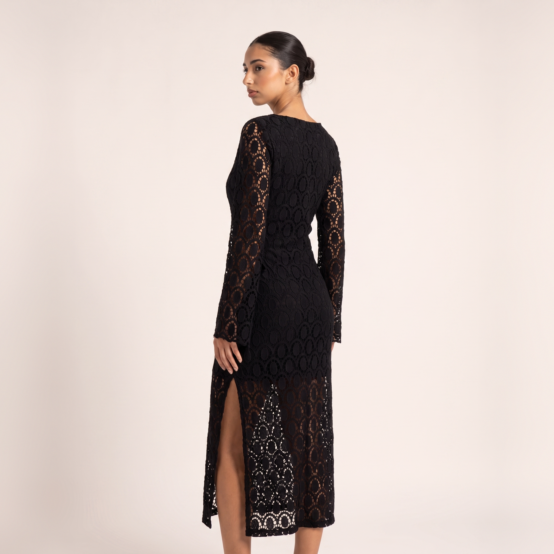 BLANC Onyx Dress black openwork maxi – back view